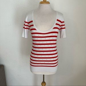 Boston proper stripe short sleeve sweater scoop neck gold preppy nautical